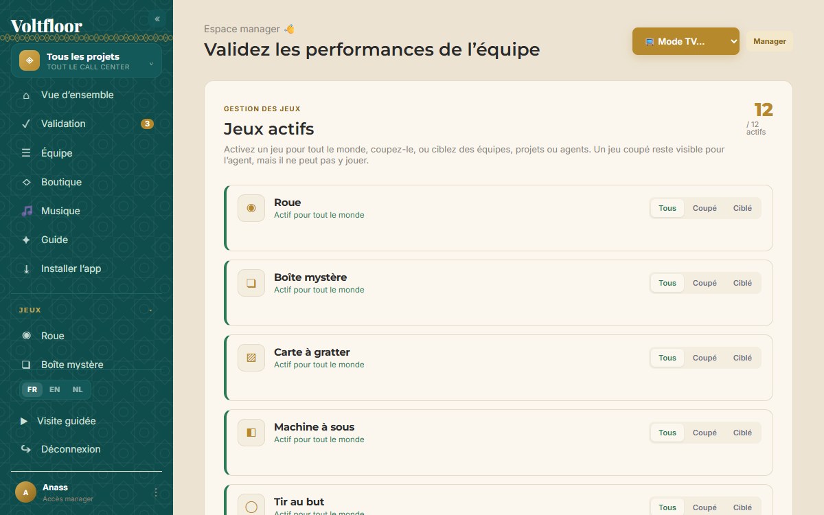 Le panneau Jeux actifs : activer, couper ou cibler chaque jeu